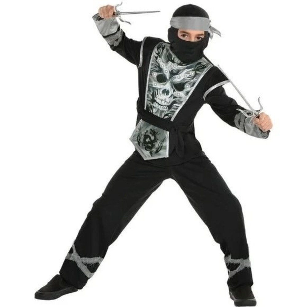 Skeleton Ninja Light Up Costume Kids Small 4-6 Top Pants Mask Scarf 4 Pc Set